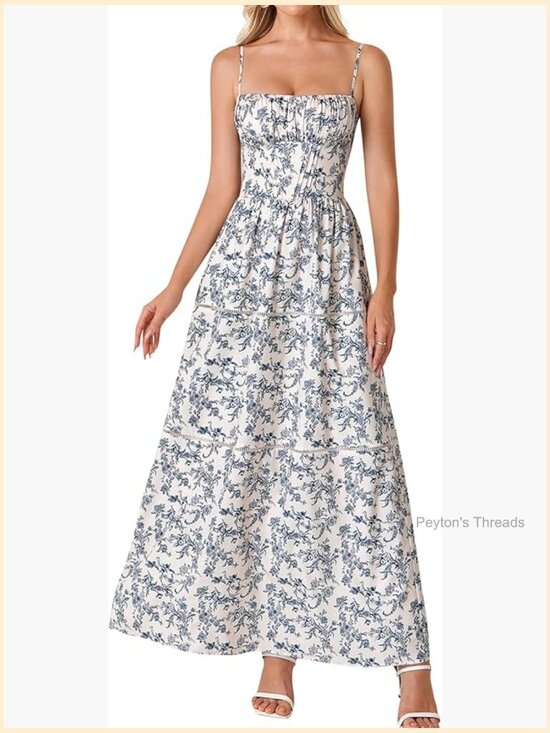 Dresses & Skirts - Floral Maxi Corset Dress Spaghetti Strap A Line Smocked Summer Wedding Guest